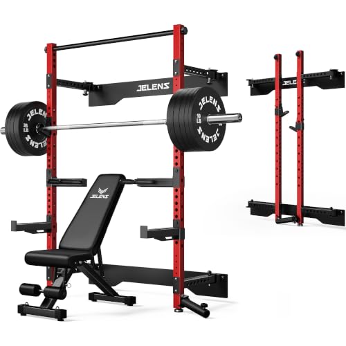 JELENS FS01 Folding Squat Rack, Wall Mounted Power Rack for Home Gym, Space Saving Multi-Functional Power Cage with More Attachments (Red, 260LB Black Weights Package)