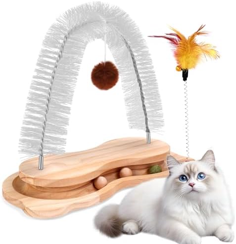 Cat Self Groomer, Cat Grooming Brush Scratcher Massager Arch for Indoor Cats Face Back Scratcher Rubbing Post Corner Brush w/ Kitten Interactive Catnip Ball Track Toy for Chasing Hunting Exercise