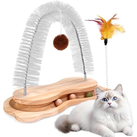 Cat Self Groomer Scratcher, Indoor Cats Rubbing Post Face Back Arch Grooming Massager Brush for Shedding with Kitten Interactive Catnip Ball Track Toy for Chasing Hunting Mental Physical Exercise Cover