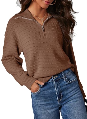 Image of Dokotoo Womens Quarter Zip Pullover Turtleneck Sweater Long Sleeve Fall Outfits Ribbed Knit Winter Sweaters
