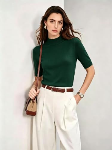 Image of Women Mock Neck Short Sleeve Knit Top All-Season Light Sweater