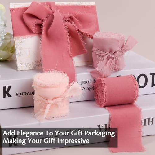 3 Rolls Chiffon Ribbon Pink Series for Bouquets, Wedding Gift Wrapping, DIY Crafts and Flower Wrapping