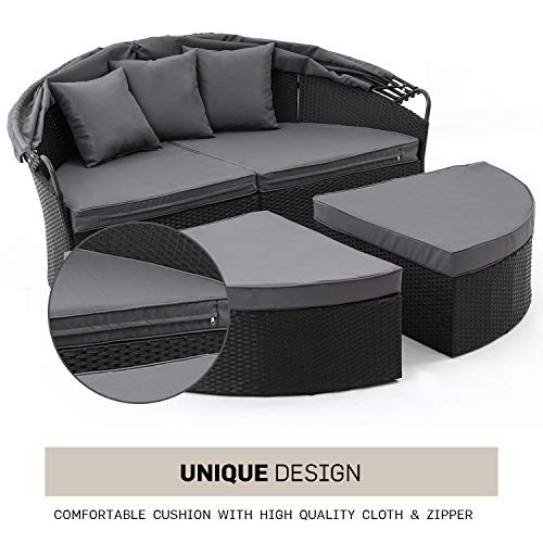 Solaura Outdoor Round Daybed,Patio Daybed With Retractable Canopy & Black Wicker, Seating Separates Cushioned Seats With 3 Pillow (Gray) #TOP5