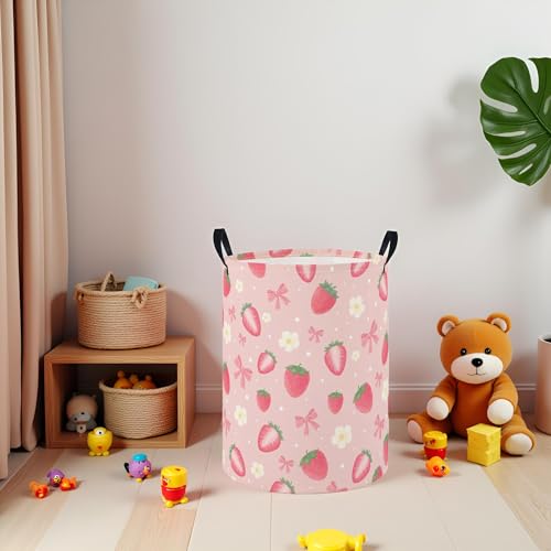 Image of Baby Laundry Hamper Basket Baby Hamper for Nursery Boy and Girl Cute Storage Bin Organizer Boho Room Decor(Strawberry)