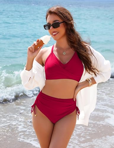 Image of Blooming Jelly Womens High Waisted Bikini Sets Drawstring Tummy Control Swimsuits Crisscross Tie Back Bathing Suit