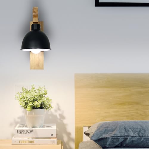 Aplique de pared negro E27 de diseño moderno y base de madera para iluminación de interior 7