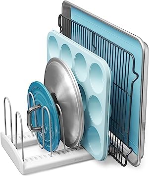 Kitwe Pots and Pans Organizer: Rack for Cabinet, Expandable Cutting Board Pot Lid Organizer Holder with 7 Adjustable Dividers for Kitchen Cabinet Cookware Baking Frying Rack (1)