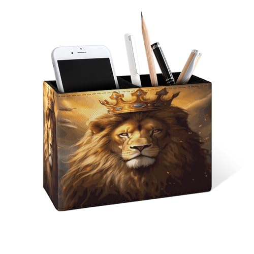 Famame Vintage Crown Lion Pencil Holder for Desk, Leather Desktop