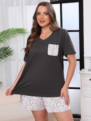 AusLook Plus Size Pajama Set for Women 2 Piece V Neck Short Sleeve Loungewear 4X Set with Pajama Printed Shorts Summer Sleepwear Loose Fit 1X-5X — view 2