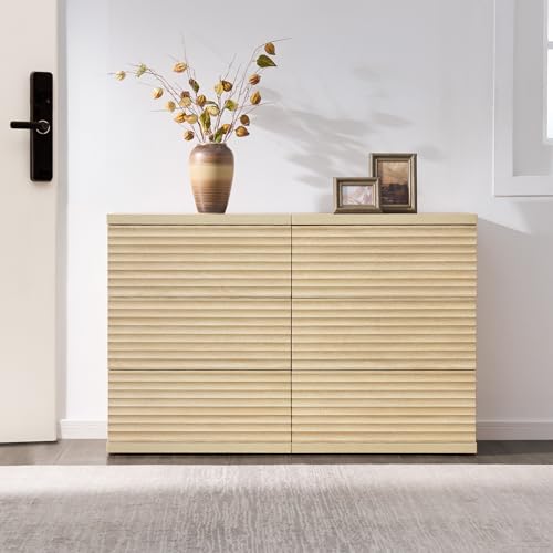 Image of SICOTAS Sideboard Buffet Cabinet with Storage, Modern Credenza Storage Cabinet with 3 Larger Drawers, Fluted Media Console Mid Century Coffee Bar Table for Dining Room, Hallway, Coastal Oak