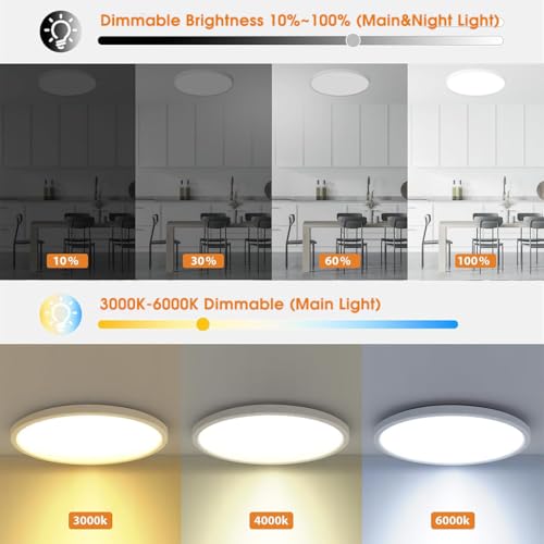 Image of ELEPHANTBOAT Plastic 12 inch LED Ceiling Light with Remote Control,Dimmable 24 W 3-Color Ceiling Light with Dim Night Light 1800k Warm,Round Flush LED Ceiling Lights (White)