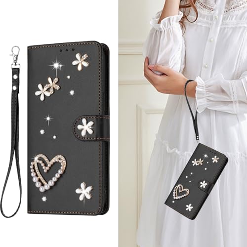 WOWUDI �Ή� Realme Note 60 4G/Note 60X 4G �蒠�^�P�[�X �ԕ� �p�[���n�[�g �X�g���b�v�t�� PU���U�[ �J�[�h���[ �ʐ^���� �}�O�l�b�g�J�� �X�^���h�@�\ �ϏՌ� �P�[�X -Black