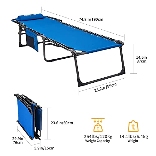 Kingcamp Adjustable 5-Position Folding Chaise Lounge Chair For Outside Patio Beach Sunbathing Tanning Pool, Portable Lay Flat Lounge Chair Camping Reclining Chair For Outdoor With Pillow, Blue #TOP3