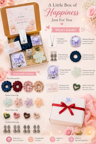 Image of Mei & More Birthday Gift Combo for Girls & Women - Scrunchie, Bow Hair Claw, Flower Clip, Beaded Charm Bracelet & Korean Pearl Earrings | 8-Piece Fashion Jewelry & Hair Accessory Gift Set for Women & Girls, Random Colours & Designs