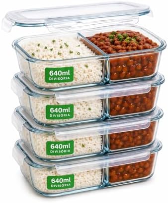 Kit 4 Potes Vidro Borossilicato Hermético Retangular 640ml com di...