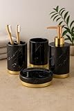 WPM 4 Piece Ceramic Bathroom Accessories Set - Marble Look Black Gold - Our Complete Bath Decor Kit Includes Designer Soap or Lotion Dispenser - Toothbrush Holder - Tumbler - Soap Dish