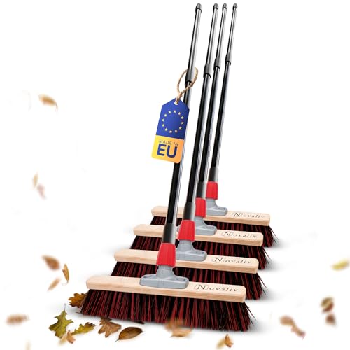 Novaliv 4 escobas de calle de 40 cm, con mango I Arenga-Elaston negro-rojo, mango telescópico, escoba para exteriores, batidor industrial, escoba de jardín, escoba multiusos