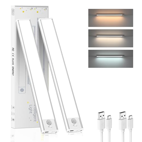 Moman Luz LED Armario Recargable Con Sensor de Movimiento - 30CM/2Pcs Lámpara Sin Cable 1500mAh 3 Colores/2 Modos - Regulable Para Interior, Cocina, Bajo Mueble