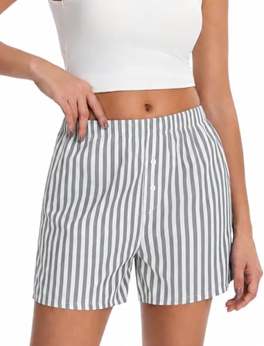Guriyzee Boxer Shorts for Women Casual Summer Pajama Loungewear Grey and White Striped Bottoms with Pockets S-XXL — view 3