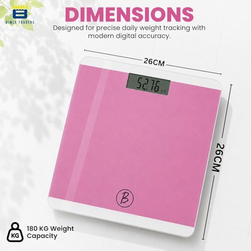 Image of Btag Premium Digital Body Weight Scale | 26x26 cm Wide Platform | Clear LCD Display | Anti-Skid Base | 180 kg Capacity Block Design (Pink)