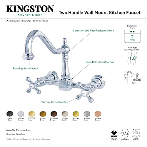 Kingston Brass Heritage 8-Inch Centerset Wall Mount Kitchen Faucet, Antique Brass