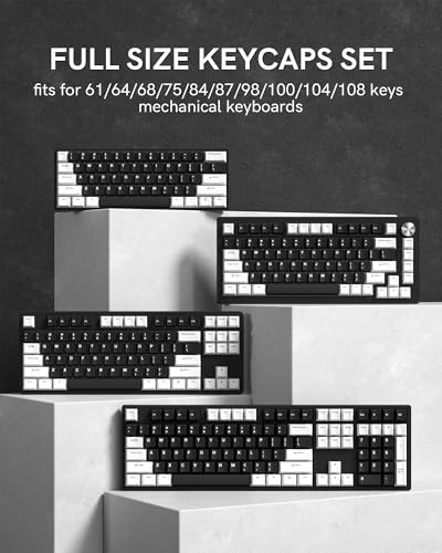 Womier Keycaps, Custom PBT Doubleshot Keycaps 60 65 75 100 Percent, Cherry Profile Retro Keycaps, 61/64/68/84/87/100/104/108 Gaming Mechanical Keyboard Keycaps, 132 Keys Keycaps Set (Black White)