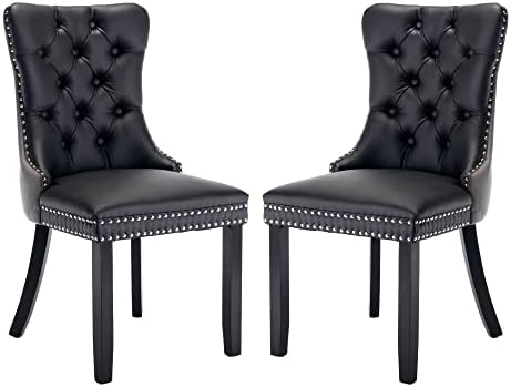 Set of 2 Dining Chairs Modern for Living Room Kitchen Accent Side Chair Solid Wood Legs PU Leather Padded Cushion Seat and Velvet Back (Black PU + Gray Velvet)