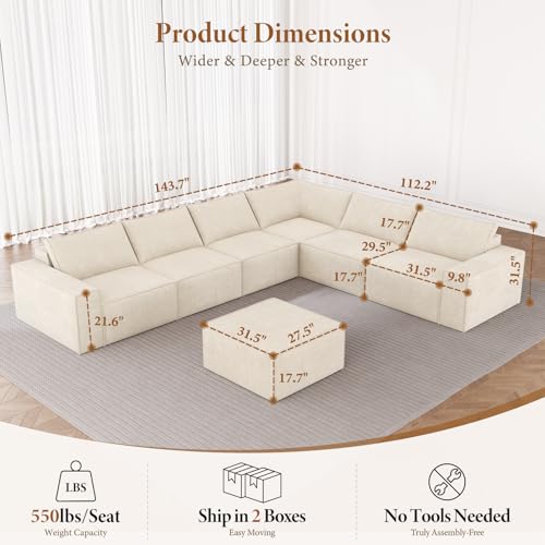 Image of Vesgantti 143 inch Modular Couch, Modern 7 Seater Sofa Couches for Living Room, No Assembly Required, Beige White