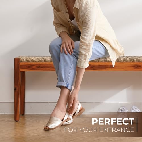 AV CONNECT Acacia Solid Wood Bench with Woven Seagrass Seat, Entryway Bench, Wicker Benches Indoor for Hallway, End of Bed, Kitchen, Rustic Farmhouse Boho Style (Brown Leg - Seagrass Seat) - Thumbnail 7