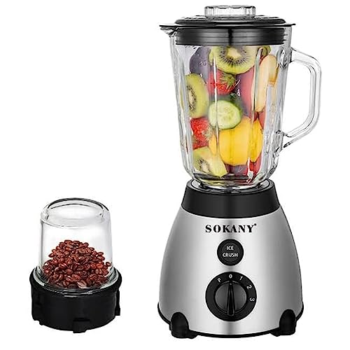 SOKANY 400W Frullatore a Bicchiere, 3 Velocità + Pulse, 2 e 1 frullatore multifunzione, 1,5L Frullati e Smoothie/0,3L Macinacaffe, Blender con Funzione Tritaghiaccio, Senza BPA