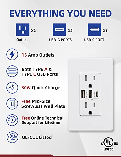 Aida Usb C Outlet Receptacle, 30W 6.0Amp Type A And Type C Fast Charge Usb Outlets With 15Amp Tamper Resistant Wall Outlet ( White, 4 Pack ) #TOP1