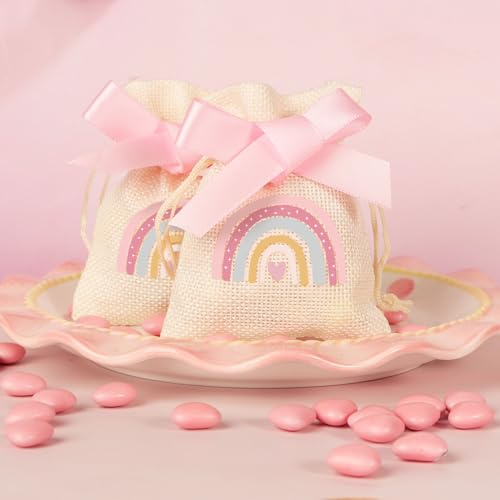 BETESSIN 20pcs Bolsa Regalo de Bautizo 8x10cm Saquitos Lino Arpillera de Baby Shower Bolsita para Caramelos Galletas Bombones Dulce Regalo para Baby Shower Bautizo Cumpleaños 1 Año