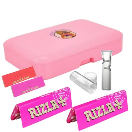 Pink Plastic Cigarette & Tobacco Tin Box Case Optional Gift Set with 2 Rizla Papers 1 Glass Filter Tip & 2 Rolling Tips Durable Portable Smoking Accessory