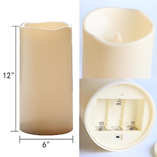 Image of Extra Large Waterproof Outdoor Flameless Candle 6 inch (D) x12 inch(H) Big Tall Battery Operated Pillar Candle with 6-hour Auto Timer Ivory Plastic Realistic Flickering LED Light for Garden Decorations