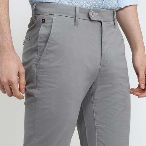 Image of Raymond Men Slim Fit Solid Pattern Cotton Elastane Blend Flat Front Casual Trouser