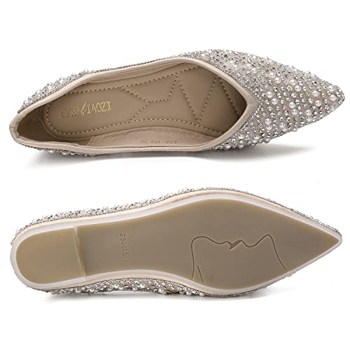 Women's Rhinestone Flats Fashion Pointed Toe Pearl Diamond Low Heel Dress Wedding Flats Work Business Dance Ballet Flats Apricot Size - 7 #TOP3