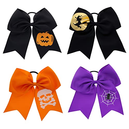 7 Inch Halloween Bow Hair Accessories Halloween Cheer Bows, Halloween Elastic Hair Ties Bowknot Rubber Bands, Pumpkin Witch Spider Skull Ponytail Holder Halloween Hair Ribbons Biws, 4 Pieces #TOP9