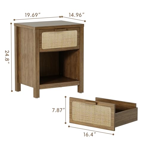 YAUKOMEL Farmhouse Nightstand, Mid Century Modern Bedside Table with Opening Storage,Large Side Table with Drawer,Rattan Boho Night Stand,Wooden End Table,Handmade Solid Wood Handle,Walnut CAACTG65BR by YAUKOMEL - Image 2