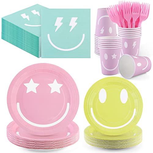 durony 144 Pieces Preppy Smile Face Party Tableware Set Party Decorations Include Smile Face Paper Plates Napkins Cups and Forks for Preppy Birthday Party Baby Shower Decor, Serve 24 Guest by durony - Used condition - US$20.39