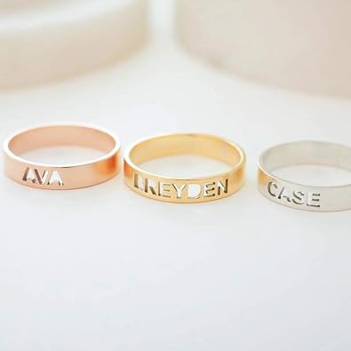 LONAGO Personalized Name Ring Custom Name Plate Stacking Ring Engrave Names Initial Ring for Women Men
