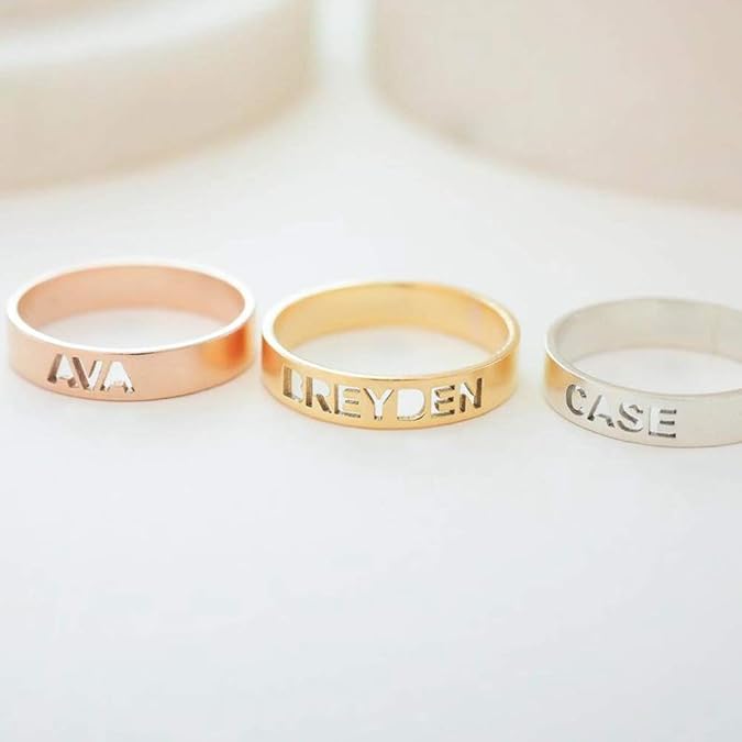 LONAGO Personalized Name Ring Custom Name Plate Stacking Ring Engrave Names Initial Ring for Women Men