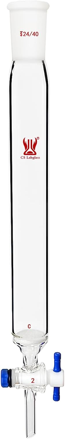 Glass Chromatography Column with Fritted Disc, 24/40 Joint & 2mm PTFE Stopcock, 46mm Column O.D.& 254mm Effective Length, Borosilicate Glass Chromatography Column, Lab Glassware