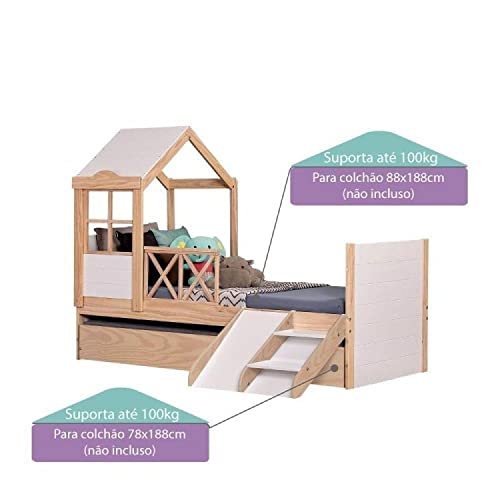 Bicama Solteiro Infantil Garden com Telhado Plus e Kit Escadinha Casatema Natural/branco