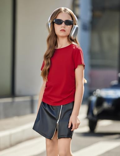 Arshiner Short Sleeve Shirts Girls Red Side Ruched Tops for Teen Girls Round Neck Kids Casual Soft Blouses 11-12 Years - 4