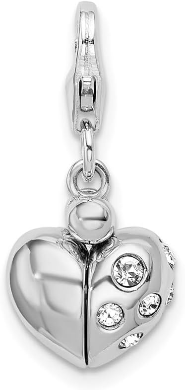 Amore La Vita Sterling Silver Rhodium-plated Polished 3-D Crystal From Enameled Heart Opens Charm with Fancy Lobster Clasp
