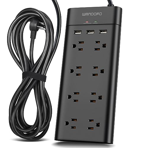 WANDOFO 12 FT Surge Protector Power Strip, 8 Outlet Extender with 3 USB Charging Ports, 12 Foot Extra Long Extender Cord, 15 Amp Circuit Breaker, 1050 High Joules, Flat Plug, Wall Mount, Black
