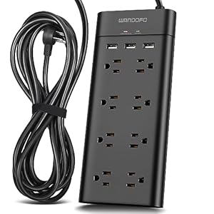 12 FT Surge Protector Power Strip, 8 Outlet Extender with 3 USB Charging Ports, 12 Foot Extra Long Extender Cord, 15 Amp Circuit Breaker, 1050 High Joules, Flat Plug, Wall Mount, Black
