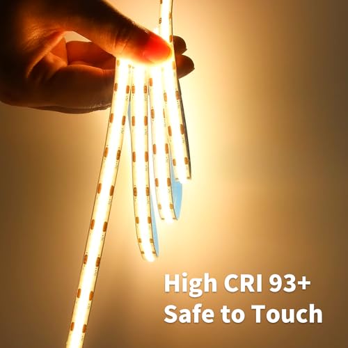 Image of 5M COB LED Strip Lights, Warm White 3000K Easter Dimmable Tape Light with Plug, 12V Super Bright CRI93+Dotless Flexible Cuttable Light Kit for TV Backlight Bedroom Cabinet Kitchen Ceiling Mirror Decor