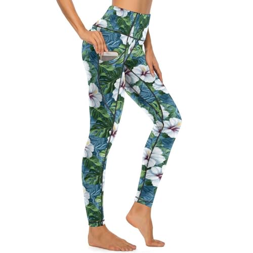 Legging d'été fleurs tropicales femme pantalon de yoga taille haute avec poches