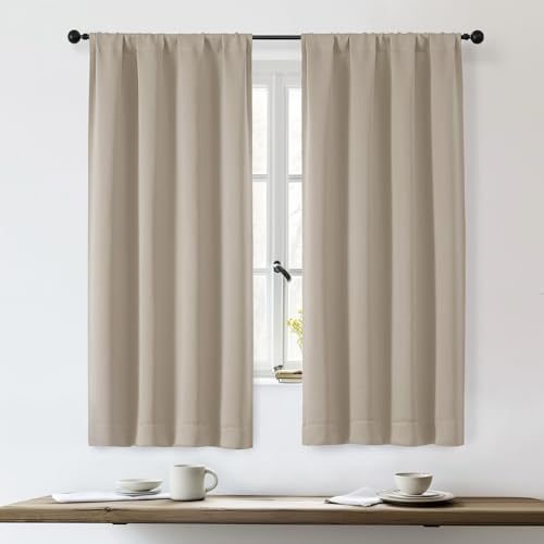 OWENIE Sally Blackout Curtains for Bedroom 63 Inch Length 2 Panels Set, Solid Thermal Insulated Room Darkening Rod Pocket Window Treatment Curtains Drapes, Biscotti Beige, W40 x L63 Inch